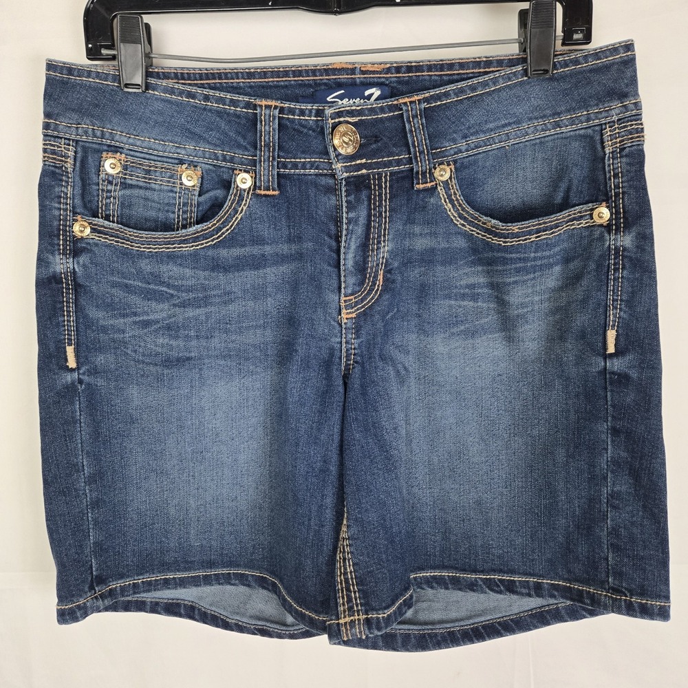 Seven7 Womens Embroidered‎ Denim Shorts Size 8 Blue Stretch Modest Cowgirl Rodeo